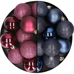 24x stuks kunststof kerstballen mix van aubergine en donkerblauw 6 cm - Kerstbal