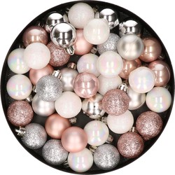 42x stuks kunststof kerstballen lichtroze, parelmoer wit en zilver mix 3 cm - Kerstbal
