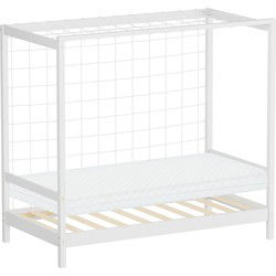 Kinderbed voetbaldoel 80x160 cm wit gemaakt van dennenhout incl. matras H-10cm houten bed met lattenbodem & doelnet ML-Design