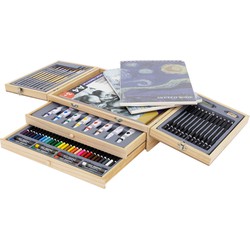 Houten schilderskoffer 85-delig met penselen, potloden, acrylverf en schetsblokjes