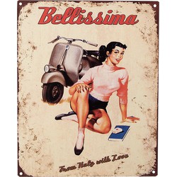 Clayre & Eef Tekstbord  20x25 cm Beige Ijzer Vrouw met scooter Bellissima From Italy with love Wandbord