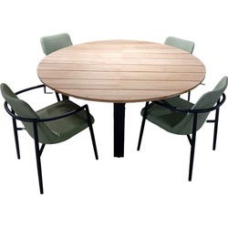 Tuinset Kaihou tafel black, teak dia. 175 cm met 4 stoelen Youkou stoel black, emerald green
