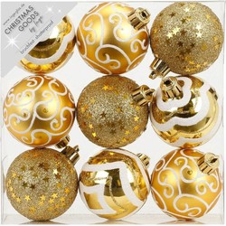 18x stuks luxe gedecoreerde kunststof kerstballen goud 6 cm - Kerstbal
