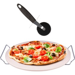 Pizzasteen BBQ/oven rond keramiek 33 cm met handvaten en pizza snijder 19 cm - Pizzaplaten
