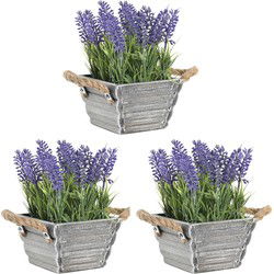 Items Lavendel bloemen kunstplant in bloempot - 3x - paarse bloemen - 15 x 20 cm - bloemstukje - Kunstplanten