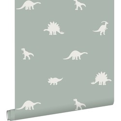 ESTAhome behang dinosaurussen vergrijsd mintgroen - 53 cm x 10,05 m - 139284