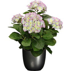 Hortensia kunstplant/kunstbloemen 45 cm - paars/groen - in pot titanium grijs glans - Kunstplanten