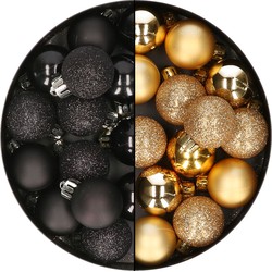 28x stuks kleine kunststof kerstballen zwart en goud 3 cm - Kerstbal