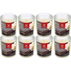 8x Zoete vanille geurkaarsen tegen rooklucht/anti tabak in glazen houder 25 branduren - geurkaarsen