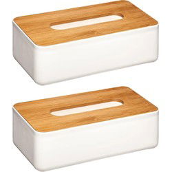 Set van 2x stuks tissuedozen/tissueboxen wit kunststof met bamboe deksel 26 x 13 cm - Tissuehouders