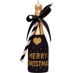 Vondels kerstbal champagne fles zwart met goud 16 cm