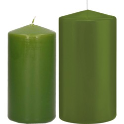 Stompkaarsen set van 6x stuks olijfgroen 12 en 15 cm - Stompkaarsen
