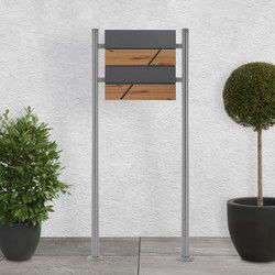 Staande brievenbus met krantenvak 37x36,5x11 cm antraciet/houtlook gemaakt van staal ML design, modern horizontaal ontwerp, stahoogte 120cm zilver dubbele voet