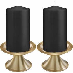 Set van 2x zwarte cilinderkaarsen/stompkaarsen 8 x 15 cm met 2x gouden kaarsenhouders - Stompkaarsen