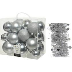 Kerstversiering kunststof kerstballen 6-8-10 cm met sterren slingers pakket zilver van 28x stuks - Kerstbal