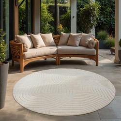 Berlin Outdoor - Japandi - Rond - Creme - Vloerkleed Binnen en Buiten - Laagpolig Tapijt Tuin- 120 CM ROND