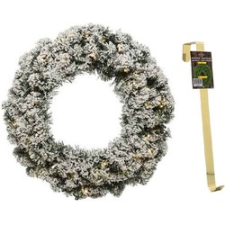 Groen/witte led kerstkrans 60 cm Imperial met kunstsneeuw en met gouden hanger - Kerstkransen