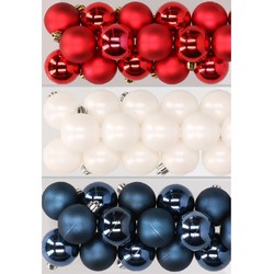48x stuks kunststof kerstballen mix van rood, wit en donkerblauw 4 cm - Kerstbal