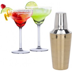 Set van 4x Margarita cocktailglazen met goud gestreepte cocktailshaker RVS - Cocktailglazen