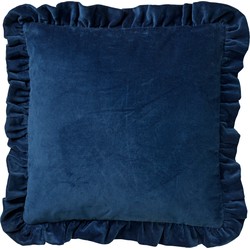 Dutch Decor YARA - Sierkussen 45x45 cm - 100% katoen - velvet - met ruches - Insignia Blue - donkerblauw - Dutch Decor