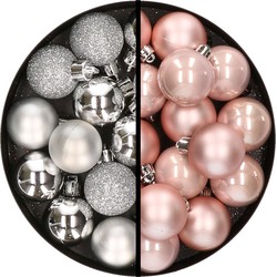 36x stuks kunststof kerstballen zilver en lichtroze 3 en 4 cm - Kerstbal