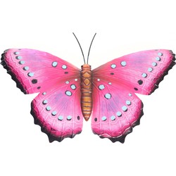 Roze/zwarte metalen tuindecoratie vlinder 48 cm - Tuinbeelden
