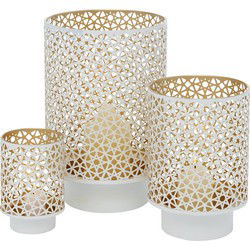 Deco by Boltze Windlichten - 3x - metaal - wit / goudkleurig - Windlichten