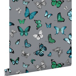 ESTAhome behang vlinders zilver en turquoise - 53 cm x 10,05 m - 138510