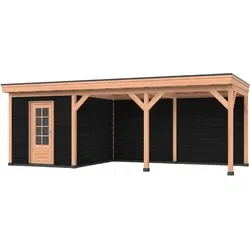Douglas DIY overkapping, 750 x 250, met schuur en achterwand, Westwood, zwart gespoten