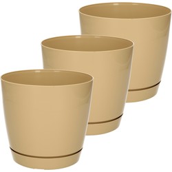 Set van 3x stuks plantenpotten/bloempotten kunststof glanzend bruin/beige dia 15.5 x hoogte 14 cm - Plantenpotten