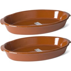 Set van 2x stuks bruine ovale ovenschaal/braadsledes van aardewerk 44 x 27 x 7 cm - Ovenschalen