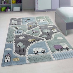 Flycarpets Kids Vloerkleed Kinderkamer Stad Speelkleed - Pastel / Multi Kleuren - 160x230 cm