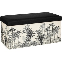 Atmosphera Poef/krukje/hocker Palmtrees - Opvouwbare opslag box - creme wit/zwart - 76 x 39 x 39 cm - Poefs