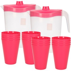 16x kunststof drinkbekers 430 ML met 2x stuks schenkkannen set roze van 2.5 liter - Schenkkannen