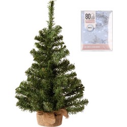 Volle kerstboom in jute zak 60 cm inclusief helder witte kerstverlichting - Kunstkerstboom
