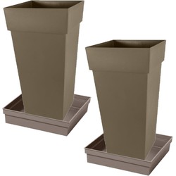 Set van 2x stuks bloempotten Toscane vierkant kunststof taupe 43 x 43 x 80 cm inclusief onderschalen - Plantenpotten