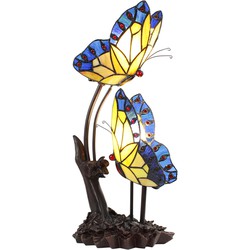 LumiLamp Tiffany Tafellamp  24x17x47 cm  Blauw Geel Glas Kunststof Vlinders Tiffany Bureaulamp