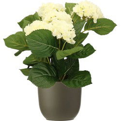 Hortensia kunstplant/kunstbloemen 36 cm - wit - in pot olijfgroen mat - Kunstplanten