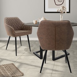 Eetkamerstoel set van 2 diamant doorgestikte bruine kunstleren bekleding met metalen poten & armleuningen incl. montagemateriaal ML-Design
