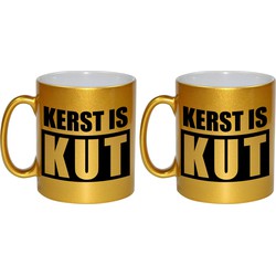 Set van 2x stuks kerst is kut cadeau gouden mokken/bekers Kerstmis 330 ml - Bekers