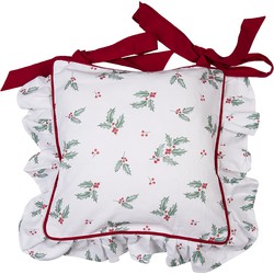 Clayre & Eef Kussenhoes Stoelkussen  40x40 cm Wit Rood Katoen Vierkant Hulstbladeren Kerstkussen