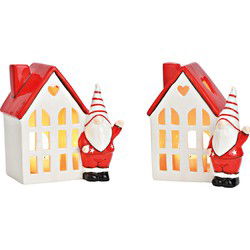 Theelichthuis met keramische kabouter, rood/wit (B/H/D) 18x18x12cm