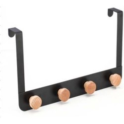 Items Deurkapstok - 4-haaks - zwart - houten haken - 35 cm - Kapstokken