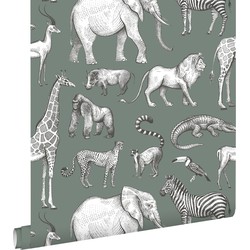 ESTAhome behang jungle dieren vergrijsd groen - 53 cm x 10,05 m - 139513