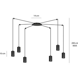 Vantaa zwarte regelbare spider hanglamp met 6 zwarte kokers metaal GU10