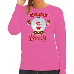 Bellatio Decorations foute kersttrui/sweater dames - Kerstman sneeuwbol - roze - Shake Your Booty S - kerst truien