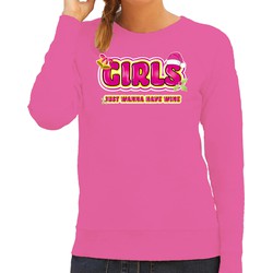 Bellatio Decorations foute kersttrui/sweater voor dames - girls just wanna have wine - roze L - kerst truien