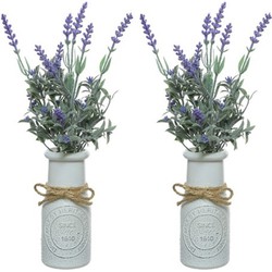 2x stuks paarse Lavendula/lavendel kunstplant 32 cm in witte pot - Kunstplanten