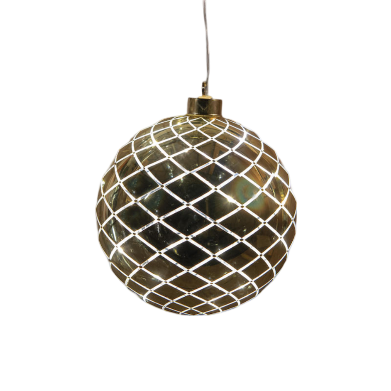 Kersthanger bal glas diamant patroon 12led warm wit op batterij met timer d15 cm glimmend goud - 