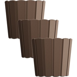 Set van 3x stuks wood-look plantenpot/bloempot kunststof dia 14.5 cm/hoogte 13 cm houtbruin - Plantenpotten